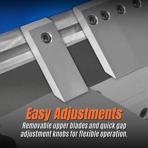 Close-up of removable blades and knobs on a heavy duty industrial metal bender, showcasing easy adjustments for flexible operation.