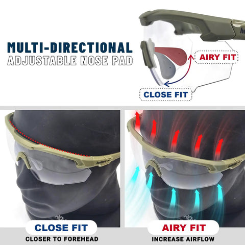 Close-up of Anti Fog Tactical Shooting Glasses with adjustable bow frame and nose pad for comfort and crystal clear vision.