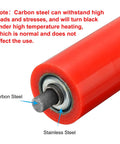 Close-up of Polyurethane Coated Conveyor Roller Set 2 Inch Diameter By 12 Inch Length 2 Pack with carbon and stainless steel ends.