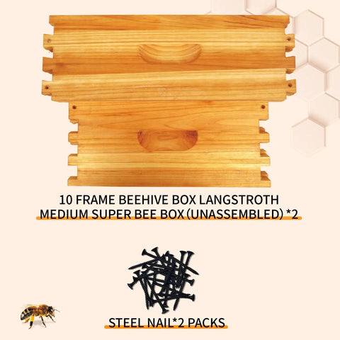 Two Pack 10 Frame Langstroth Medium Super Beehive Box Dipped In Beeswax For Beekeeping Supplies Durable Pine Wood Unassembled