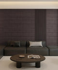 Slick 3D Black Oak Wood Slat Panels Peel And Stick Acoustic Foam Blocks in modern living room setting.