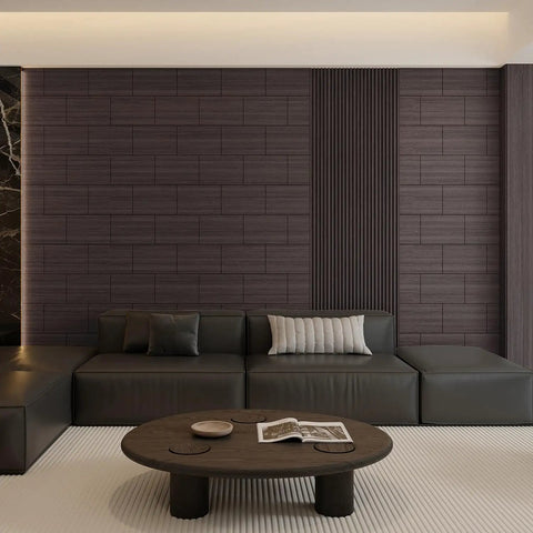 Slick 3D Black Oak Wood Slat Panels Peel And Stick Acoustic Foam Blocks in modern living room setting.