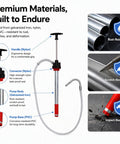 Heavy Duty Manual Push Oil Pump Hand Crank Gear Transfer Dispenser For 5 Gallon Drums And Heavy Steel Pails No Sweat Engine Oil Liquid Extraction With 47 Inch Hose premium materials detailed view with ergonomic handle, nylon connector, galvanized iron pump body, and PVC base