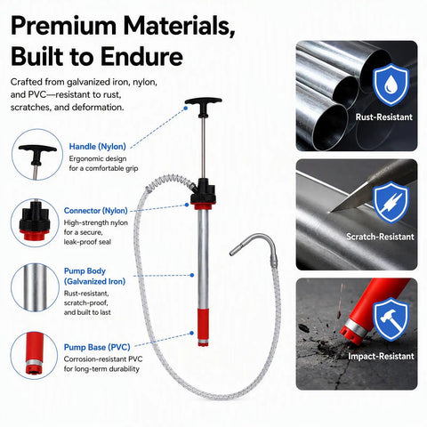 Heavy Duty Manual Push Oil Pump Hand Crank Gear Transfer Dispenser For 5 Gallon Drums And Heavy Steel Pails No Sweat Engine Oil Liquid Extraction With 47 Inch Hose premium materials detailed view with ergonomic handle, nylon connector, galvanized iron pump body, and PVC base