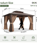 12x10 Foot Hardtop Gazebo With Aluminum Frame Go To Outdoor Pavilion Curtains And Netting Double Polycarbonate Roof For UV Protection Air Flow Garden Lawn Patio Brown with brown curtains and netting, side view.