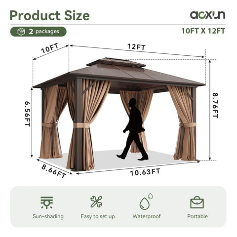 12x10 Foot Hardtop Gazebo With Aluminum Frame Go To Outdoor Pavilion Curtains And Netting Double Polycarbonate Roof For UV Protection Air Flow Garden Lawn Patio Brown with brown curtains and netting, side view.