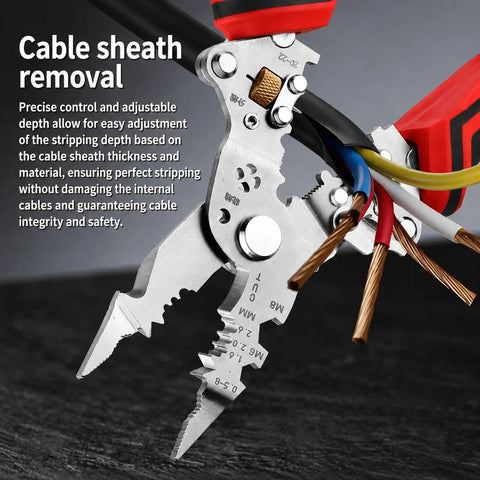 Close-up of 16 In 1 Wire Stripper Twister Pliers with Built In Voltage Tester showing cable sheath removal feature.