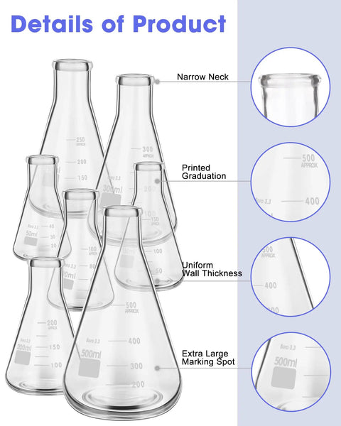 Nine Piece Glass Erlenmeyer Flask Set With Stirring Rods, 7 Sizes From 50ml To 500ml, Narrow Mouth Borosilicate Glass With Printed Graduation