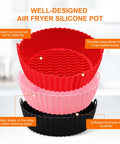 Reusable Silicone Air Fryer Liners Set Of 3, 8.5 Inch Round Basket Liners shown in red, pink, and black, highlighting features.