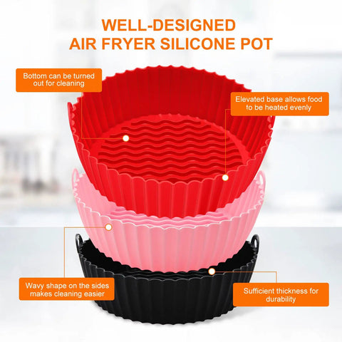 Reusable Silicone Air Fryer Liners Set Of 3, 8.5 Inch Round Basket Liners shown in red, pink, and black, highlighting features.