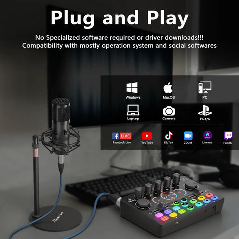 Two Person Podcast Gear Bundle With Dual XLR Condenser Mics USB Audio Interface 48V Phantom Power Built In Recorder 8GB Card Stereo Denoise