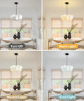 Pandaluna 15.75in Lantern Pendant Light, Wabi Sabi Faux Silk Hanging Lamp in four light settings in modern dining room.