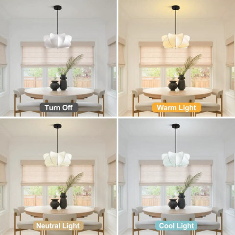 Pandaluna 15.75in Lantern Pendant Light, Wabi Sabi Faux Silk Hanging Lamp in four light settings in modern dining room.
