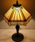 Yellow Hexagon Tiffany Style Stained Glass Lamp For A Cozy Vibe Mission Table Desk Bedside Reading Light with antique base
