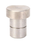Close-up of a stainless steel bench dog clamp, part of a set of four for 20mm MFT table holes, woodworking positioning and fixing tools.