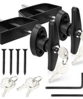 Lock It Down Shed Door Lock Latch 2 Pack with black T-handle, screws, 8 keys, and installation tools for barns and sheds.