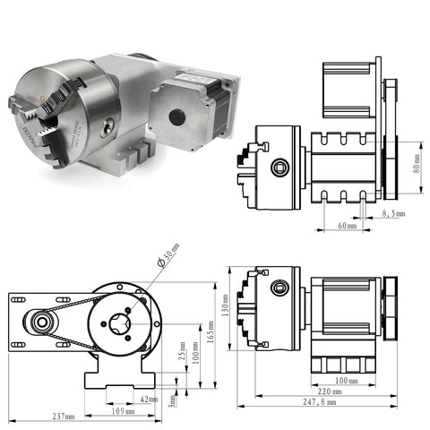Heavy Duty CNC Fourth Axis Rotation Kit With 130Mm Three Jaw Chuck And Tailstock Smooth Four To One Reduction Drive showing detailed dimensions and design.