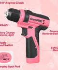 Pink 8V Cordless Drill And Screwdriver Combo Kit With 43 Piece Slick Accessory Bundle Featuring Bright Led Light For Zero Fuss Woodworking Projects Perfect For Weekend Warriors showing key features like LED light and soft grip handle.