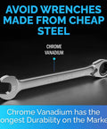 Single open-end wrench made of chrome vanadium steel, labeled for durability, part of Ratcheting Wrench Set 22-Piece Metric And SAE Reversible Wrenches With Mirror Finish Unbreakable Build 90-Tooth Mechanism For Fast Easy Repairs Lifetime Satisfaction Guarantee.