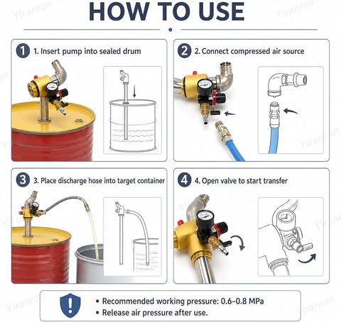 Pneumatic Drum Pump For Quick Oil Transfer Stainless Steel 304 Construction With High Flow 130 Liters Per Minute Pressure Gauge And Safety Valve SUS304 Tubing Air Operated Drum Transfer Pump For Easy Drums setup guide showing drum, hose, and valve