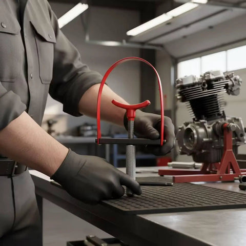 Professional Grade Premium Steel Motorcycle Clutch Spring Compressor Tool Kit in use with red grip and steel clamp.