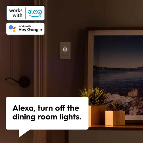 Cync WiFi 2 Amp Multi Location White Touchless Illuminated Smart Light Switch For Home Use With No Fuss App Control Scheduling Scenes And Wall Mount Installation in a dimly lit room with smart home voice command compatibility.