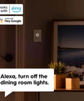 Smart Motion Sensing Dimmer Switch With Occupancy Sensor For Auto Lighting App Controlled Dimming Scheduling Scene Customization No Hassle Setup White Finish in dining room setting with Alexa voice command.