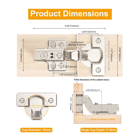 Set Of 2 Frameless Inset Cabinet Hinges With Soft Close Concealed European Style Clip On Mount For Frameless Cabinets Flush Door Look Fifty Percent Faster Install No Fuss Upgrade For Your Kitchen Or Bath. 35mm cup depth 11.5mm