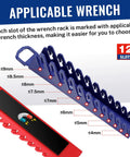Slick Magnetic Socket And Wrench Organizer Tray Locks Your Gear Down Solid For No Sweat Garage Storage Steel Surface Mount Rack, showing labeled wrench thickness slots.