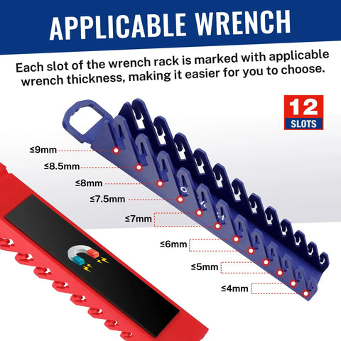 Slick Magnetic Socket And Wrench Organizer Tray Locks Your Gear Down Solid For No Sweat Garage Storage Steel Surface Mount Rack, showing labeled wrench thickness slots.