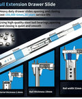 Heavy Duty Full Extension Drawer Slides Rock Solid Steel Rolls Smooth As Silk Silent Ball Bearing Side Mount Hardware With Hassle Free Install And Reliable Lock In Out Mechanism 60 Inch detailed measurements and components.