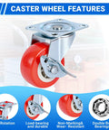 2.5 Inch Mixed Locking And Swivel Casters Set Of 4 With Side Brakes And PU Wheels On Steel Plate Brackets Durable for Garage