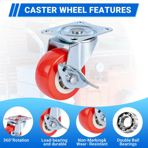2.5 Inch Mixed Locking And Swivel Casters Set Of 4 With Side Brakes And PU Wheels On Steel Plate Brackets Durable for Garage