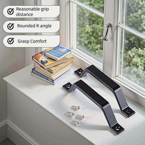 6.1 Inch Matte Black Sliding Barn Door Handle Pull 2 Pack Heavy Duty Zinc Alloy For Cabinet Drawer Dresser Closet No Drill Install Easy Mount Rustproof displayed on a windowsill with installation screws.
