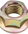 Kickass Serrated Exhaust Spin Lock Nuts M10-1.25 Flange OD 19mm Hex 14mm Compatible With Honda Accord Civic CRV Pilot Heavy Duty Metal Hardware Repair Pack Of Thirty close-up view of serrated exhaust spin lock nut