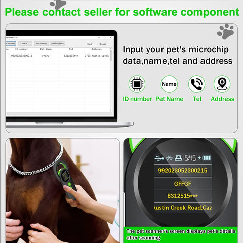 Pet Microchip Scanner With 1.44 Inch TFT Screen, scanning horse for animal ID info, linking to laptop for data storage.