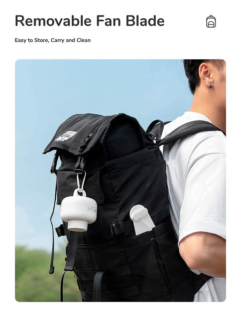 Man carrying backpack with Portable Camping Fan With 8000mAh Battery attached, showing detachable blades and hanging hook.
