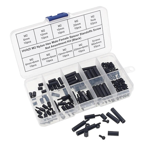 Heavy Duty M2 Brass Hex Spacer Standoff Screw And Matched Nut Assortment Kit packs neatly into a plastic case with various black spacers.