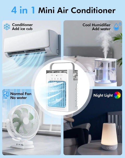 Portable Evaporative Mini AC With Remote, Four Speed Settings, 2 4 6 Hour Timer, Dual Mode Cooling, Colorful Night Light