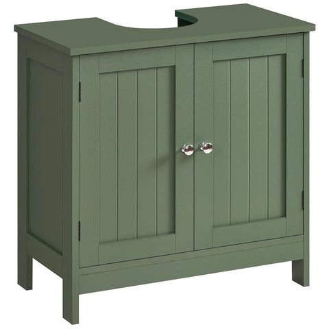 Slick U Shaped Under Bathroom Sink Cabinet With Two Smooth Doors And Nifty Open Shelf To Dodge Pesky Plumbing Pipes And Stash Cleaners In Modern Green Space Saver