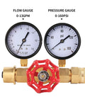 Water Pressure And Flow Test Gauge For Sprinkler Systems With Brass Gate Valve And Three Quarters Inch Hose Thread Reads Zero To One Hundred Sixty Psi And Zero To Thirteen GPM With A Two And A Half Inch Dial