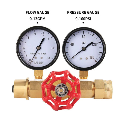 Water Pressure And Flow Test Gauge For Sprinkler Systems With Brass Gate Valve And Three Quarters Inch Hose Thread Reads Zero To One Hundred Sixty Psi And Zero To Thirteen GPM With A Two And A Half Inch Dial