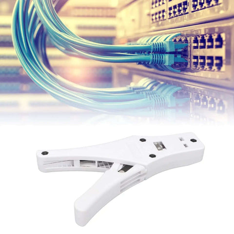 All Day Pro Grade Crimping Tool With Comfortable Ergonomic Handle For Quick Ethernet Cable Work, with RJ45 connectors and wiring background