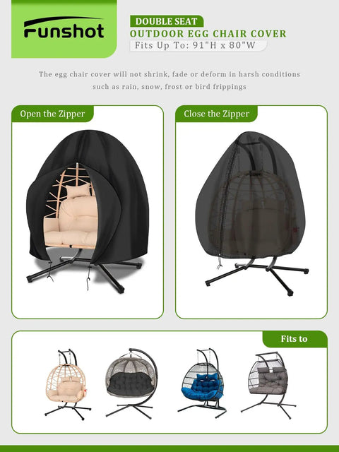 Black waterproof double egg chair cover for outdoor hanging swing seats 91x80 inches, shown open and closed over chair.