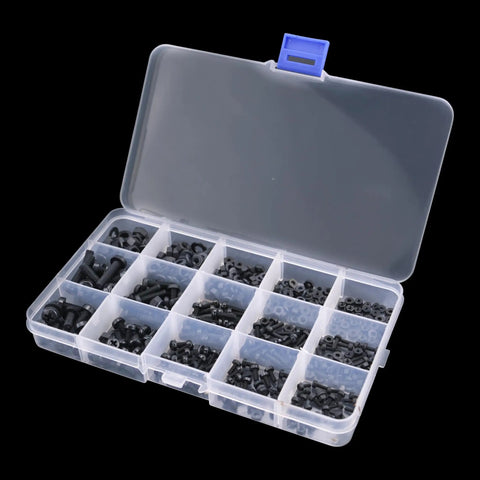 Top Shelf Heavy Duty Black Nylon Phillips Pan Head Screw And Hex Nut Assortment With 510 Metric Pieces M2 M2.5 M3 M4 M5 in storage box