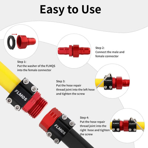 Diagram of Garden Hose Repair Kit With Aluminum Connectors Fits Three Quarter Inch And Five Eighth Inch Hoses Includes Male And Female Adapters Clamps Washers And Screws Great DIY Yard Hack For Leaky Hoses showing installation steps.