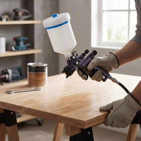 Shop Grade HVLP Paint Sprayer Gun With 600Ml Reusable Gravity Cup And Quick Swap Adapter for wood finishing on a workbench.