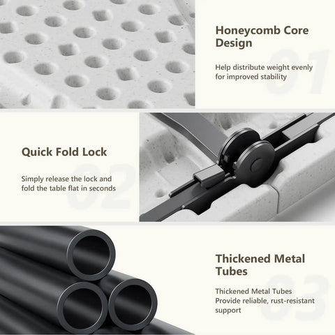 2 Pack 6 Ft Folding Plastic Tables with honeycomb design, quick fold lock, and thickened metal tubes for heavy duty use.