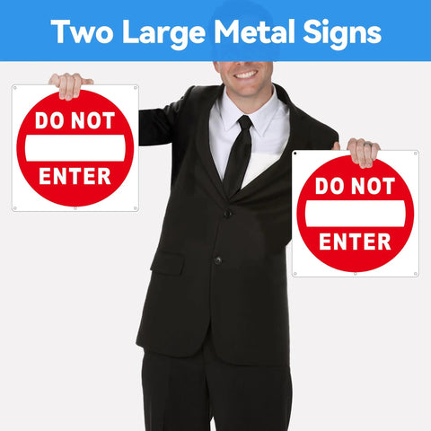 Two Pack Do Not Enter Sign 12x12 Inches Aluminum Reflective No Entry Metal Signage Weather Resistant Easy To Install White And Red Safety Sign For Home, Office, Workshop, And Construction Sites showing two metal signs