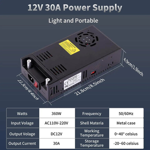 Beefy 360W 12V Power Supply Adapter 110V-240V AC To DC Converter in black metal case with dimensions and specs displayed.